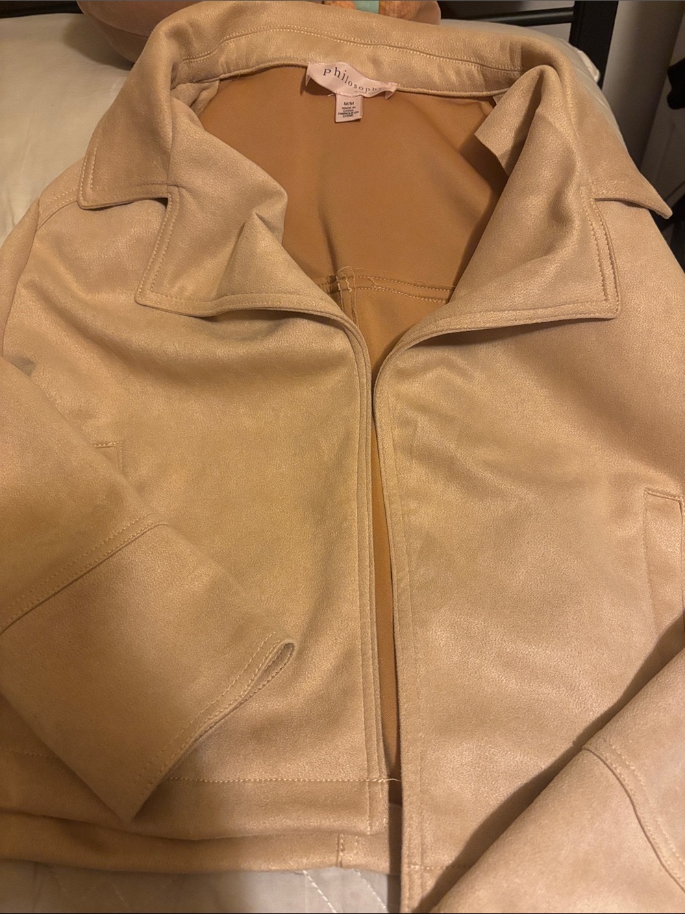 beige micro-suede open-front jacket